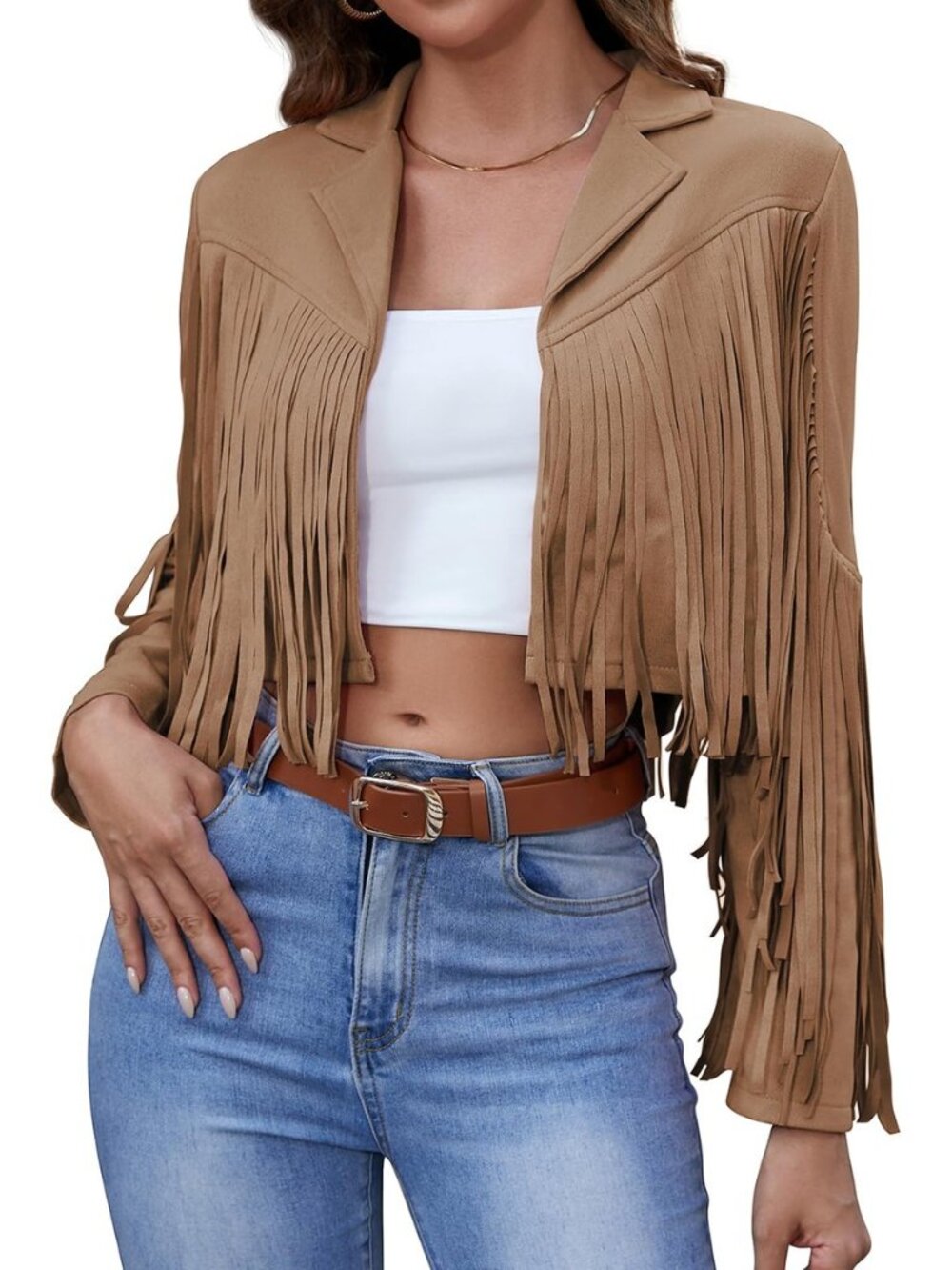 Womens Faux Suede Fringe Jacket Cropped Western Tassel